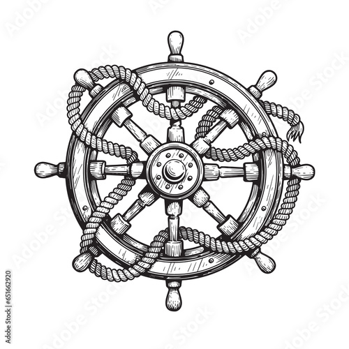 Wooden steering wheel with rope. Hand drawn ship helm sketch. Sea adventure, cruise and pirate drawing. Vector illustration