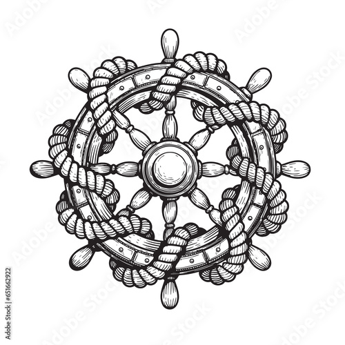 Wooden steering wheel with rope. Hand drawn ship helm sketch. Sea adventure, cruise and pirate drawing. Vector illustration