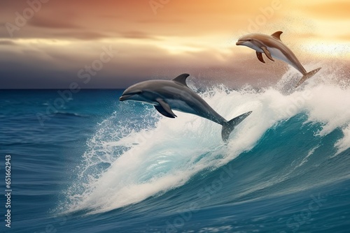 Playful dolphins jumping over breaking waves. Hawaii Pacific Ocean wildlife scenery. © MDMOHAMMODULAH