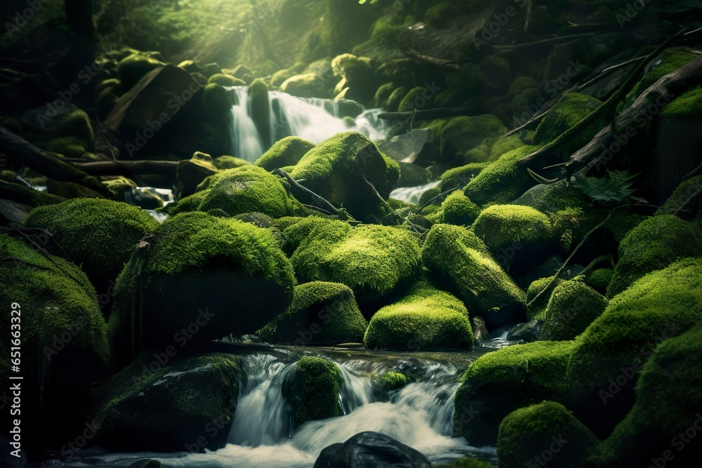 Waterfall landscape with rocks covered in green moss.