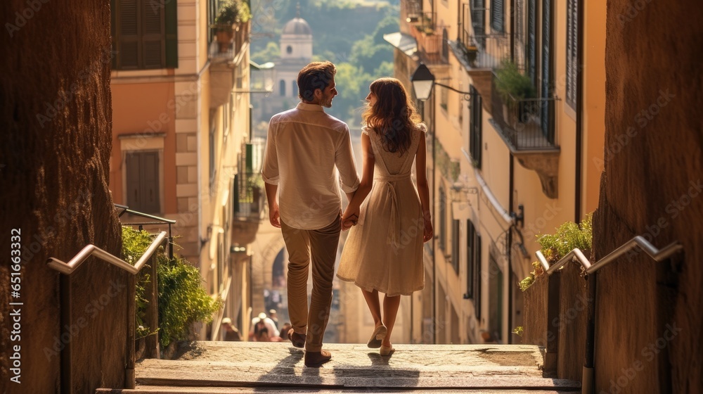 A couple as they discover a historical city, enchanted by its architectural grandeur and romantic allure.