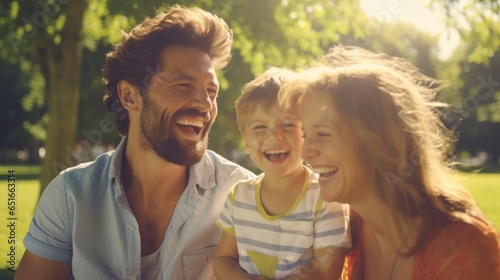 A family with beaming smiles, savoring a sunlit day in the park, where the cheerful ambiance abounds.