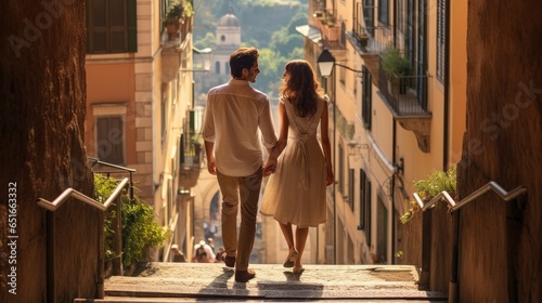 Fototapeta Naklejka Na Ścianę i Meble -  A couple as they discover a historical city, enchanted by its architectural grandeur and romantic allure.