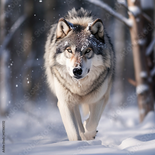 gray wolf in snow, photo of a wolf in winter