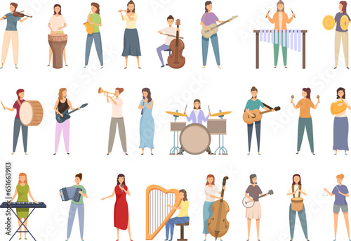 Female musician icons set cartoon vector. Woman music. Piano stage