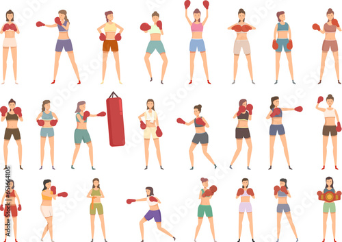Boxer woman icons set cartoon vector. Female glove. Mma lady