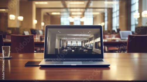 a detailed image highlighting a laptop's empty screen in closeup, set against the backdrop of a state-of-the-art meeting room with a modern table