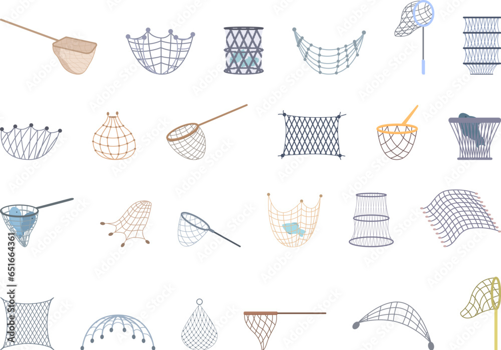 Fish Net icons set cartoon vector. Hunting fishing. Sea gear - obrazy, fototapety, plakaty 