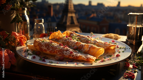 French cuisine,French omelette with Paris background