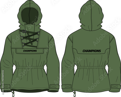 Hiker Hoodie jacket design flat sketch Illustration, Hiking Hooded utility jacket with front and back view, winter jacket for Men and women. for running, outerwear and workout in winter