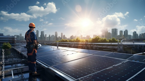 a technician installing solar panels on the roof of a factory at sunrise, symbolizing the shift to clean and renewable energy sources.