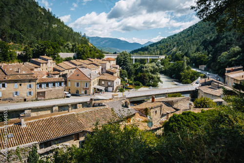 View on the roofs of Pontaix medieval village and the Drome river in the South of France