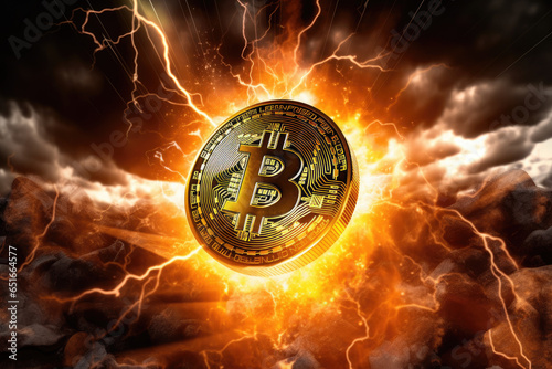 Golden bitcoin coin in fire flame, water splashes and lightning. Bitcoin Gold blockchain hard fork concept. Cryptocurrency symbol in storm illustration with peer to peer network background