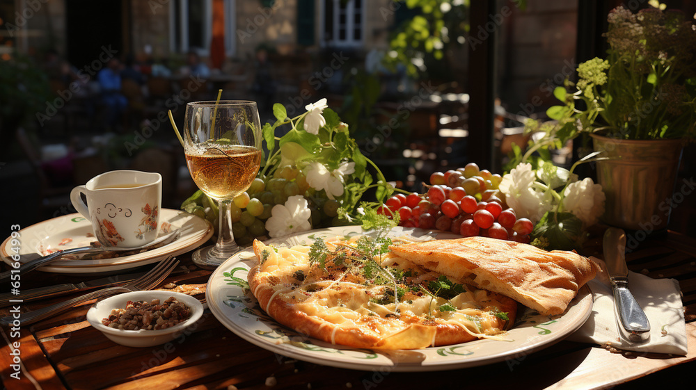 French cuisine,French omelette with Paris background French cuisine,French omelette with Paris background