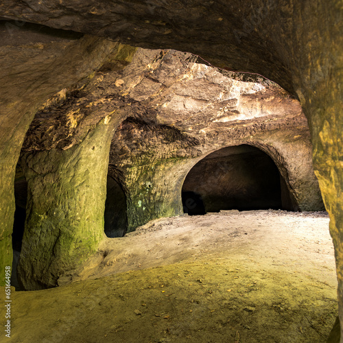 Famous caves Desolate churches II (Pust kostely II), there is a smaller artificial underground space right by the road from Velenice to Svitavy, The Czech republic