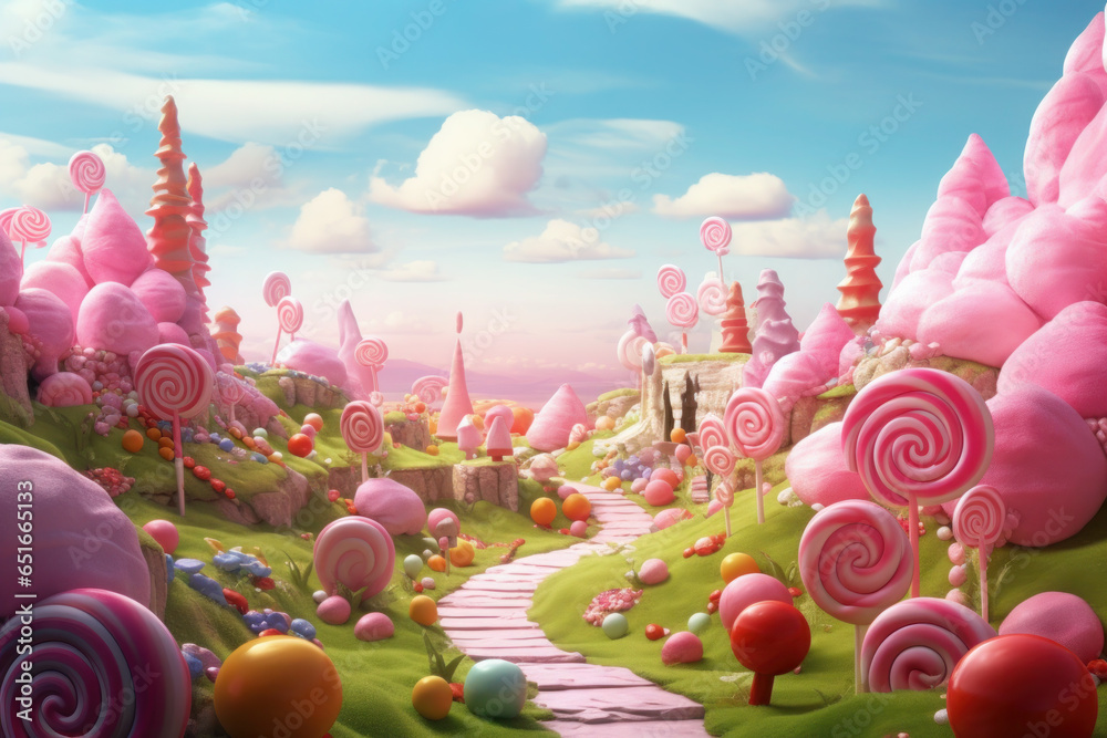 Colorful pastel candy landscape. pink castle or palace in the land of sweets. road among sweets and lollipops - obrazy, fototapety, plakaty 