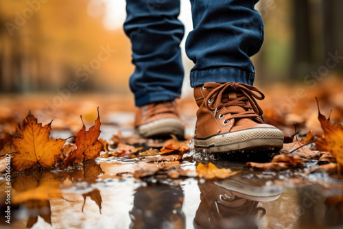 Beige sneakers on the feet of a man on the road with puddles and autumn leaves