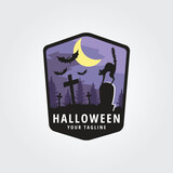 halloween logo icon design inspiration with cat, moon and bat vector illustration