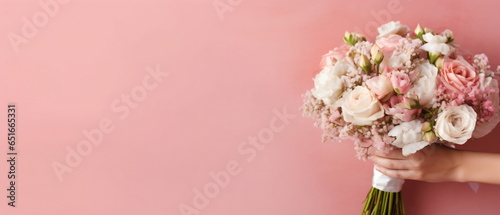 bouquet with pink tulips in children's hands on a pink background © duyina1990