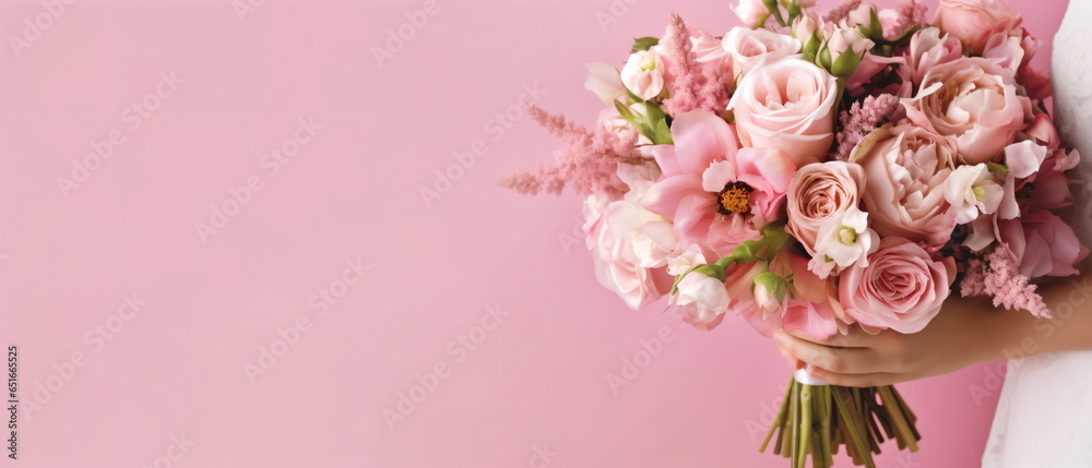 bouquet with pink tulips in children's hands on a pink background