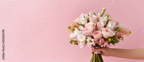 bouquet with pink tulips in children s hands on a pink background