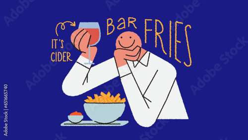 Man eating fries and drinking cider