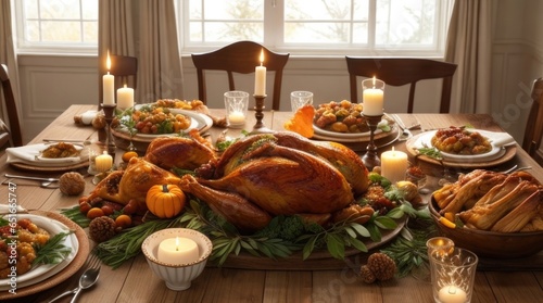 Table set for thanksgiving with baked turkey and other foods. Beautiful light. with candles