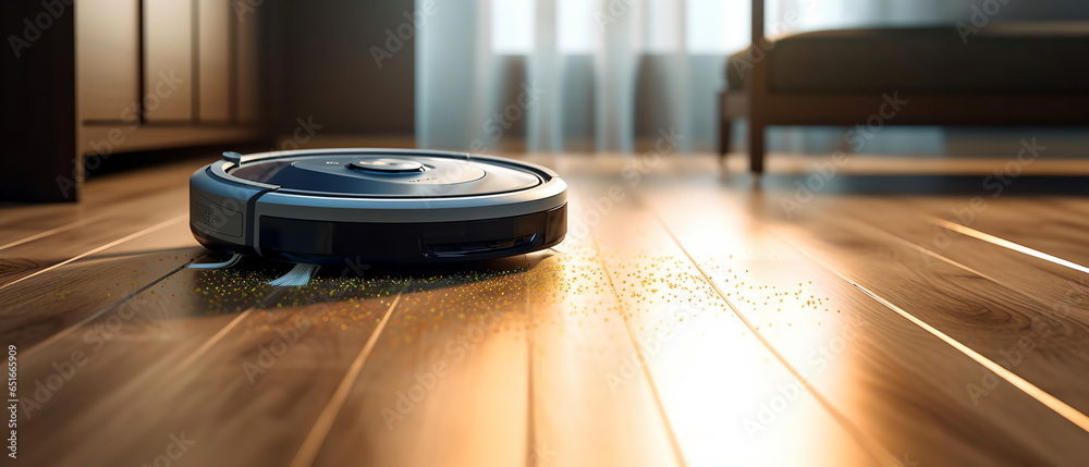 Obraz premium Robotic vacuum cleaner with sensor limiter isolated on laminate floor