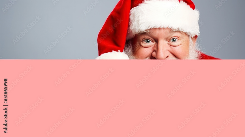Happy Claus smiling come and deliver Christmas gifts peeking out from blank advertisement banner background with copy space, Happy New Year, merry, x-mas holiday concept Happy Claus smiling come and deliver Christmas gifts peeking out from blank advertisement banner background with copy space, Happy New Year, merry, x-mas holiday concept