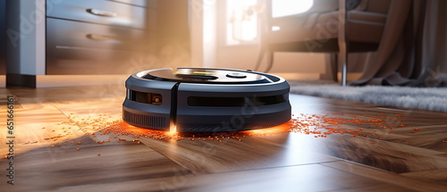 Robotic vacuum cleaner with sensor limiter isolated on laminate floor photo