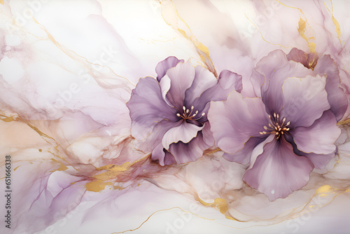 Elegant flowers violet alcohol ink background with gold glitter elements