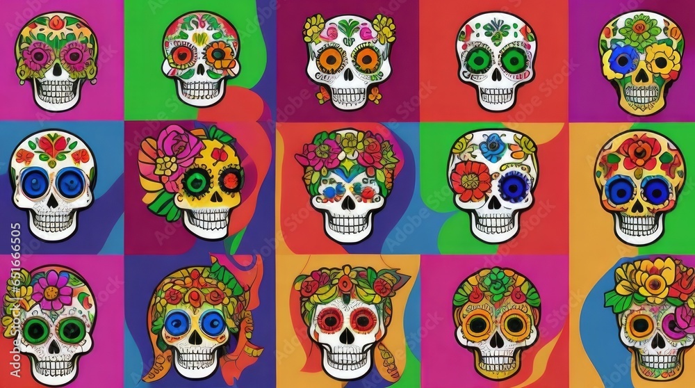Obraz premium Collage of skull miniatures for day of the dead. Colorful. Catrinas.