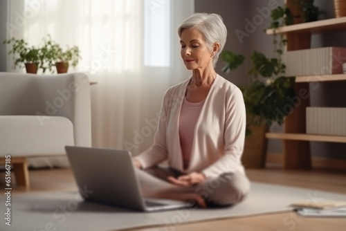 Healthy serene elderly woman meditating at home with eyes closed doing pilates breathing exercises, relaxing body and mind sitting on floor in living room. Mental health and meditation for no stress