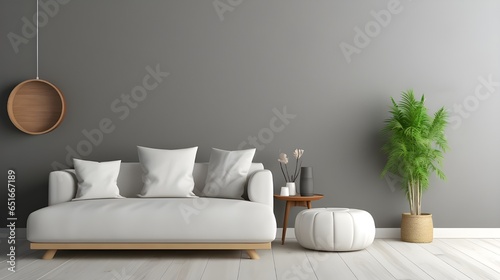 Scandinavian home interior design of modern living room. White round pouf near sofa against grey wall with copy space. Generate AI © Muzikitooo