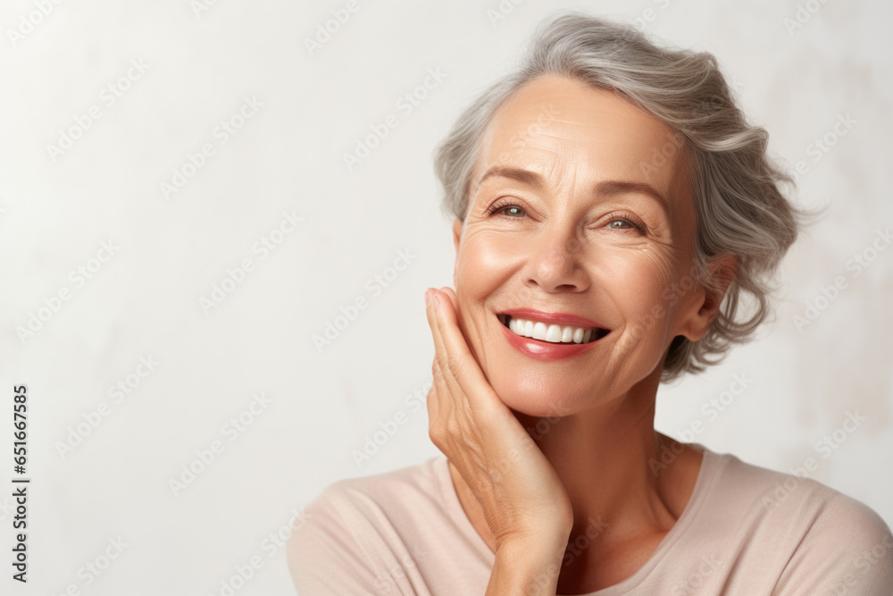 Happy 50s middle aged woman model touching face skin. Smiling mature old lady pampering, healthy moisturized skin care, aging beauty, skincare treatment cosmetics concept. Copy space. Website images Happy 50s middle aged woman model touching face skin. Smiling mature old lady pampering, healthy moisturized skin care, aging beauty, skincare treatment cosmetics concept. Copy space. Website images