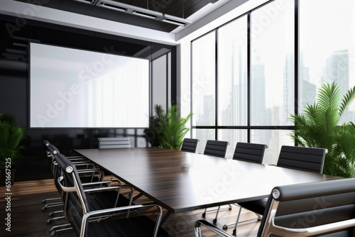natural lighting of empty modern meeting room with mockup or white board in background of minimalist office. Business concept of company or meeting.