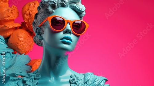 Marble statue of an ancient Greek goddess in modern sunglass on vibrant background. digital collage, minimalistic style