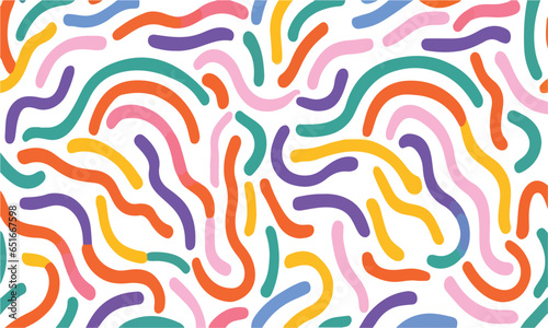 Wavy shapes and swirling strokes. Vector seamless pattern. Attractive multi-colored design, children's doodle lines, suitable for general background illustrations.