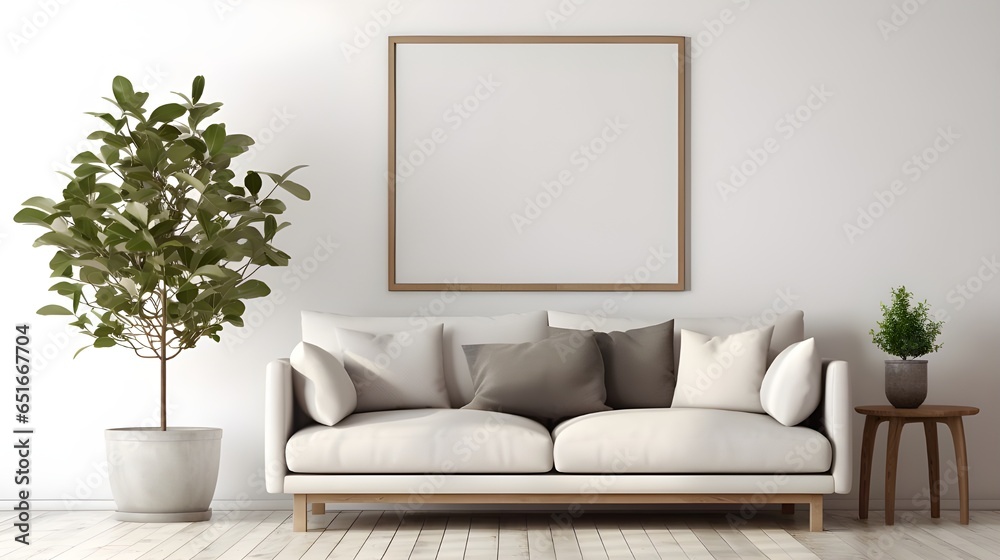 Sofa and potted tree against beige wall with big blank mock up poster frame, scandinavian home interior design of modern living room, Generate AI Sofa and potted tree against beige wall with big blank mock up poster frame, scandinavian home interior design of modern living room, Generate AI