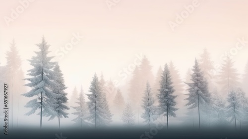 Misty morning in a pine tree forest, soft pastel colors in the background. Silhouette of trees in the fog, dusk. Winter sunrise card, banner.