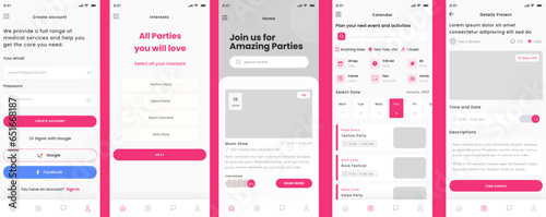 Party Finder, Events, Celebration, Gathering, Festival and Social Activities Pink App UI Kit Template