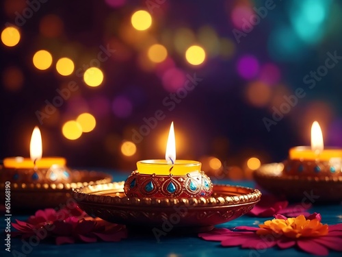 Happy Diwali festival concepts with diya oil lamp and floral mandala on blurred bokeh background. Indian, Hindu colorful traditional festival of lights celebration, ai Generative. photo