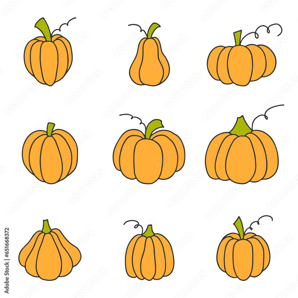 Pumpkin Doodle Collection. Cute Cartoon Pumpkins. Autumn Harvest Design elements. Vector illustration on white background