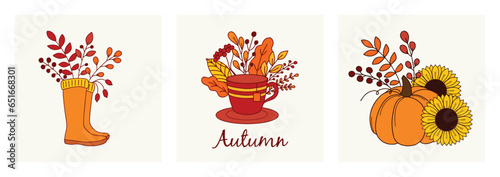Autumn mood greeting card poster template. Fall Season Thanksgiving Invitation. Minimalistic card with nature leaves, sunflowers, pumpkins, a cup of tea and rubber boots. Vector illustration