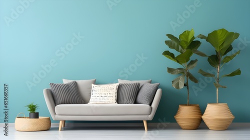 Sofa with grey pillows and wicker pot with houseplant against teal wall with copy space. Minimalist home interior design of modern living room. Generate AI © Muzikitooo