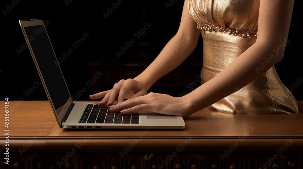 Naklejka premium a detailed scene showcasing the tactile details of a laptop's blank screen, gracing a wooden table with elegance, expertly handled by a woman.