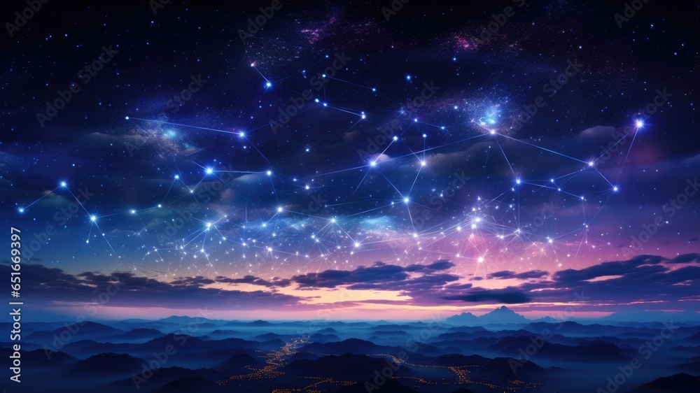 Constellation and stars over a distant mountain landscape