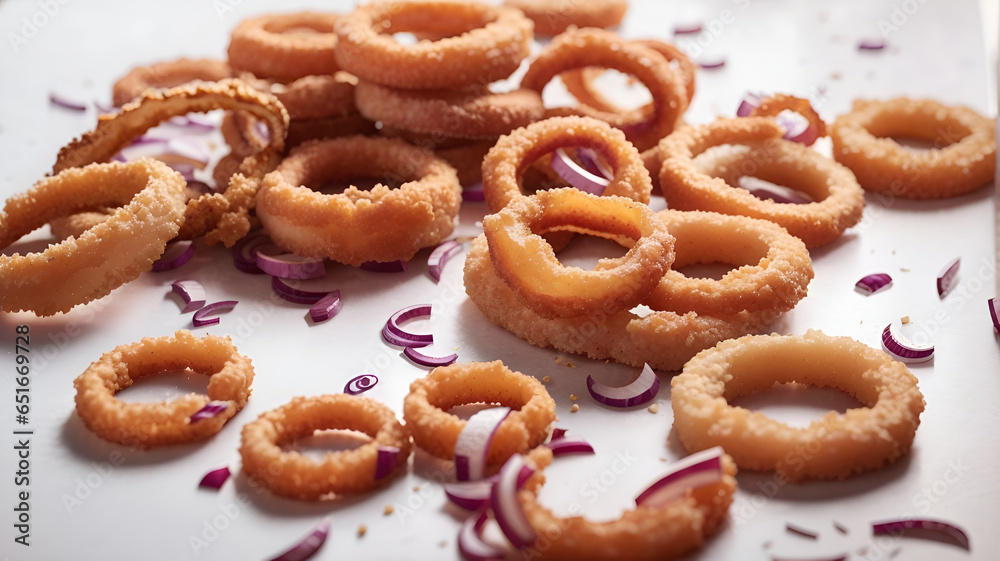 Red onion rings on a plain white surface