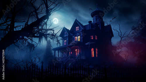 Halloween Haunted Manor: A Sinister Night Under the Frightening Full Moon Amidst Dark Trees and Scary Bats © Charlotte