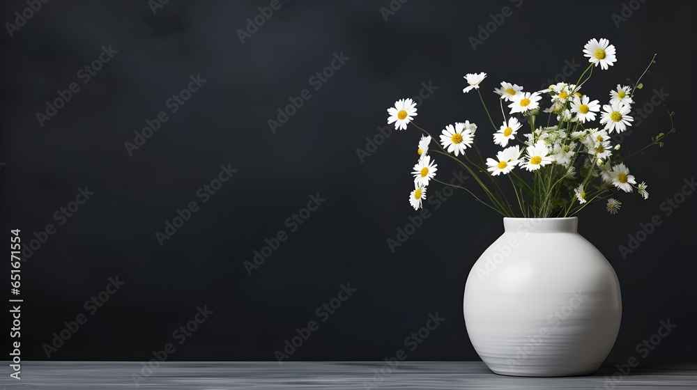 white glass and white ceramic vase with bouquet of field flowers against black wall with copy space. industrial home interior design of modern living room. Generate AI white glass and white ceramic vase with bouquet of field flowers against black wall with copy space. industrial home interior design of modern living room. Generate AI